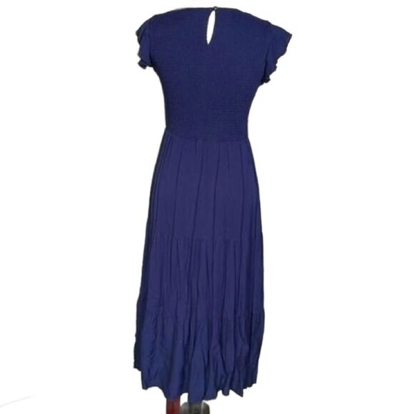 Fashion Elegant Navy Blue Midi Dress w/Smocked Top & Flutter Sleeves (Size: Med) - Picture 3 of 12